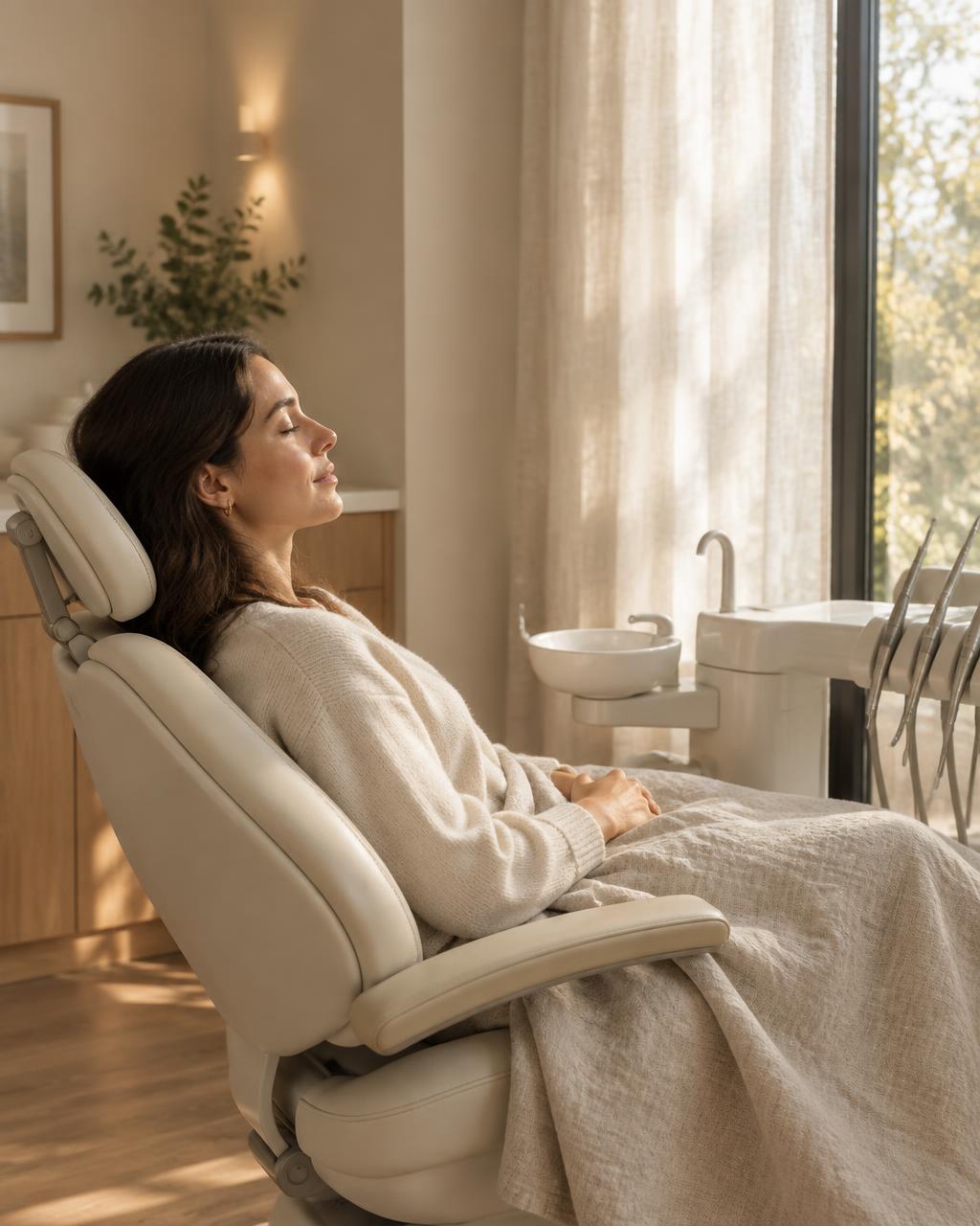 A patient resting calmly in a cream chair under a linen blanket, facing a sunlit window
