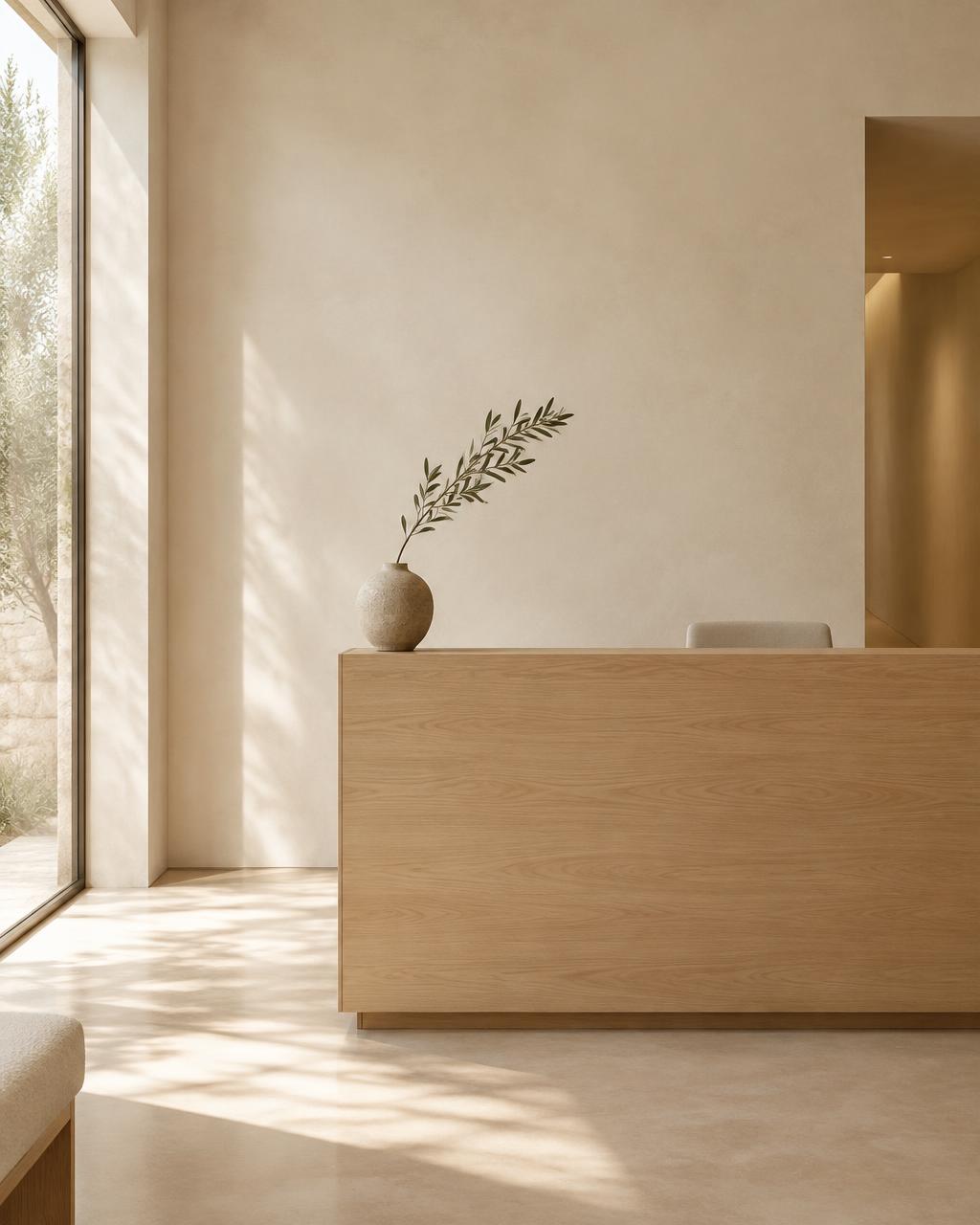A quiet reception with an oak desk and an olive branch in a stone vase