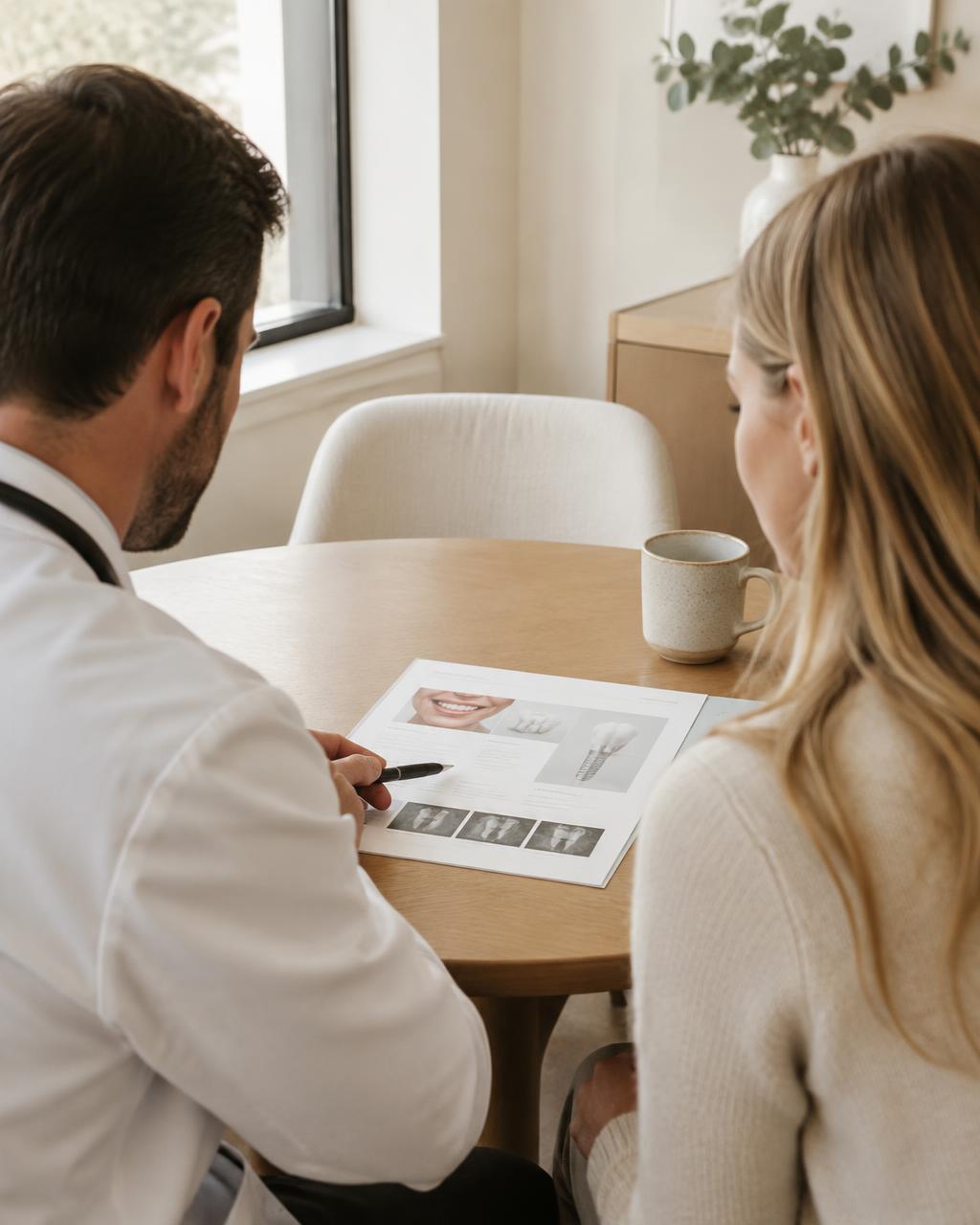 A dentist and patient reviewing a written treatment plan at an oak table