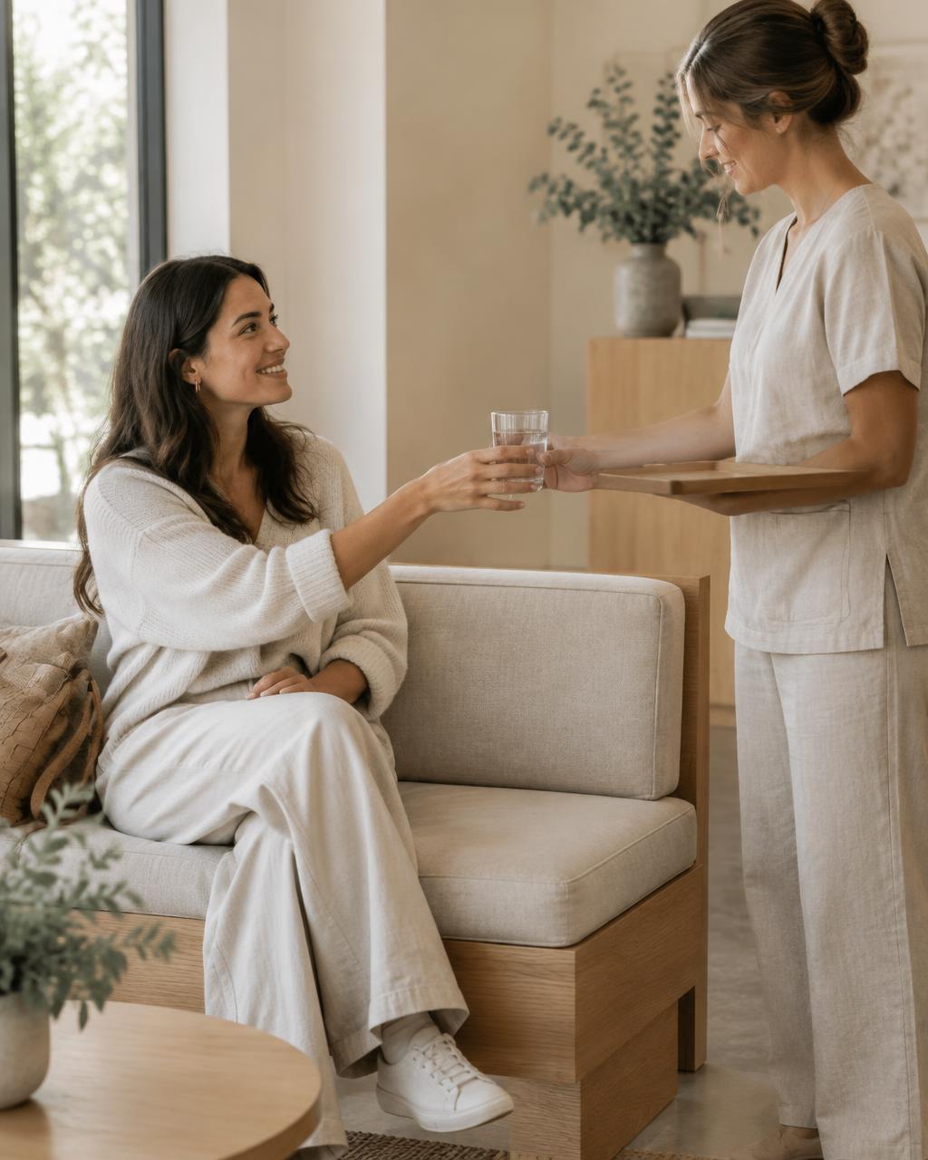 A receptionist handing a glass of water to a relaxed patient on a linen bench