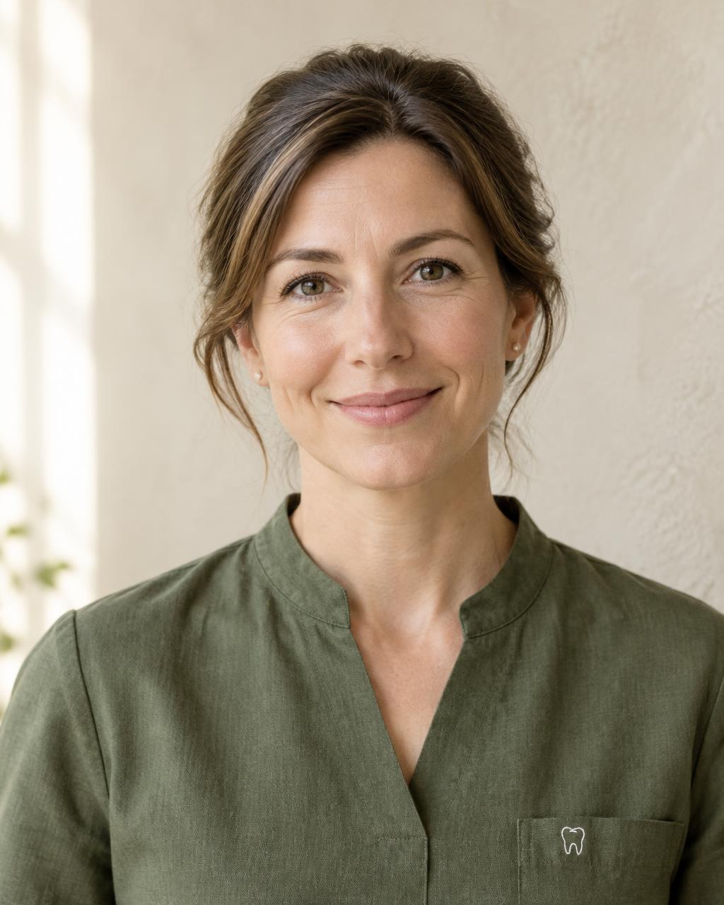 Portrait of Dr Helena Moore in a moss linen tunic