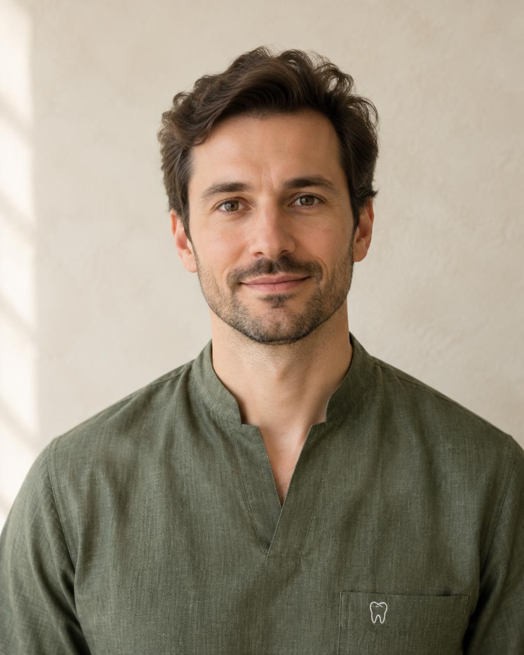 Portrait of Dr Tomás Reyes in a moss linen tunic