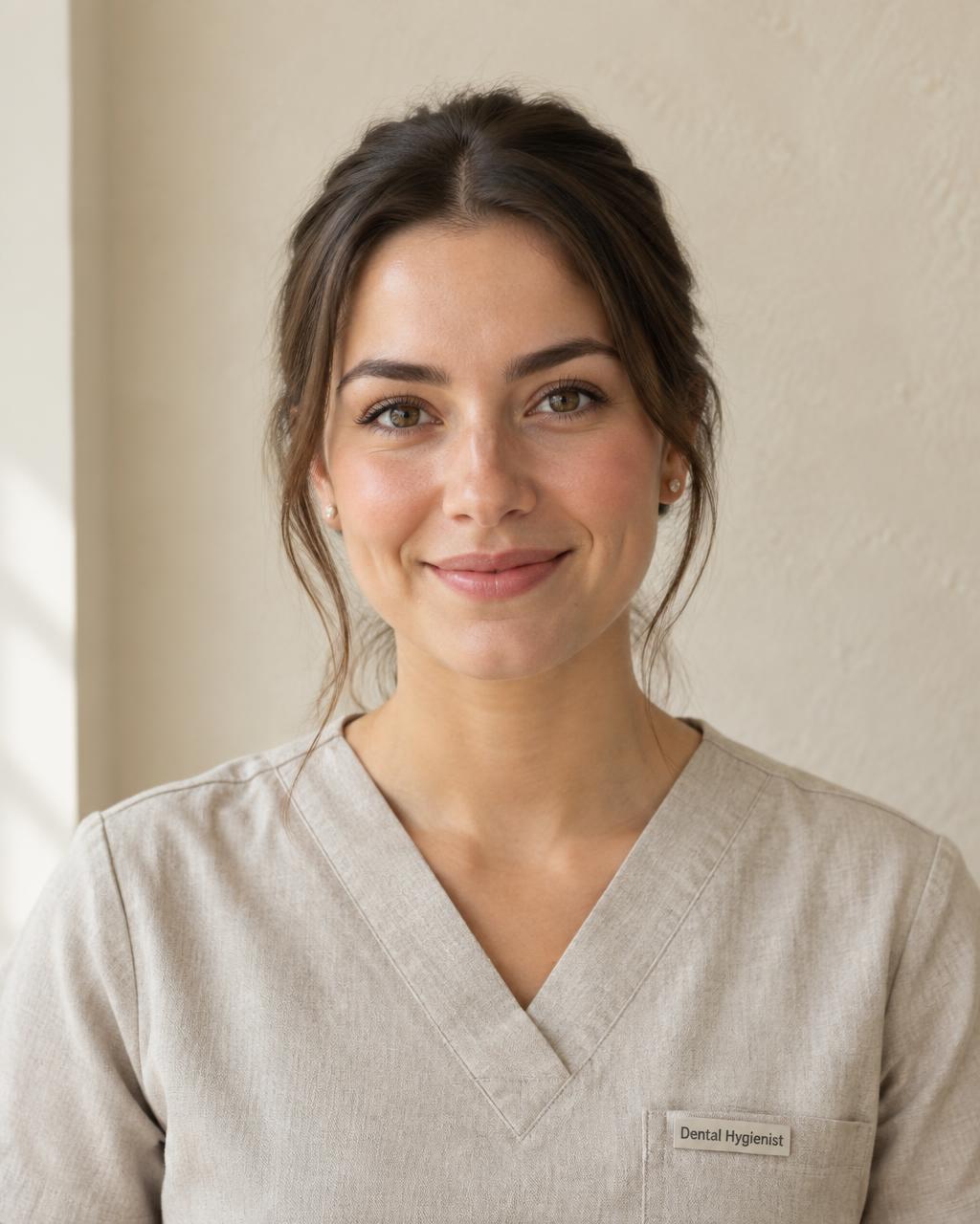 Portrait of hygienist Clara Hughes in a stone linen tunic