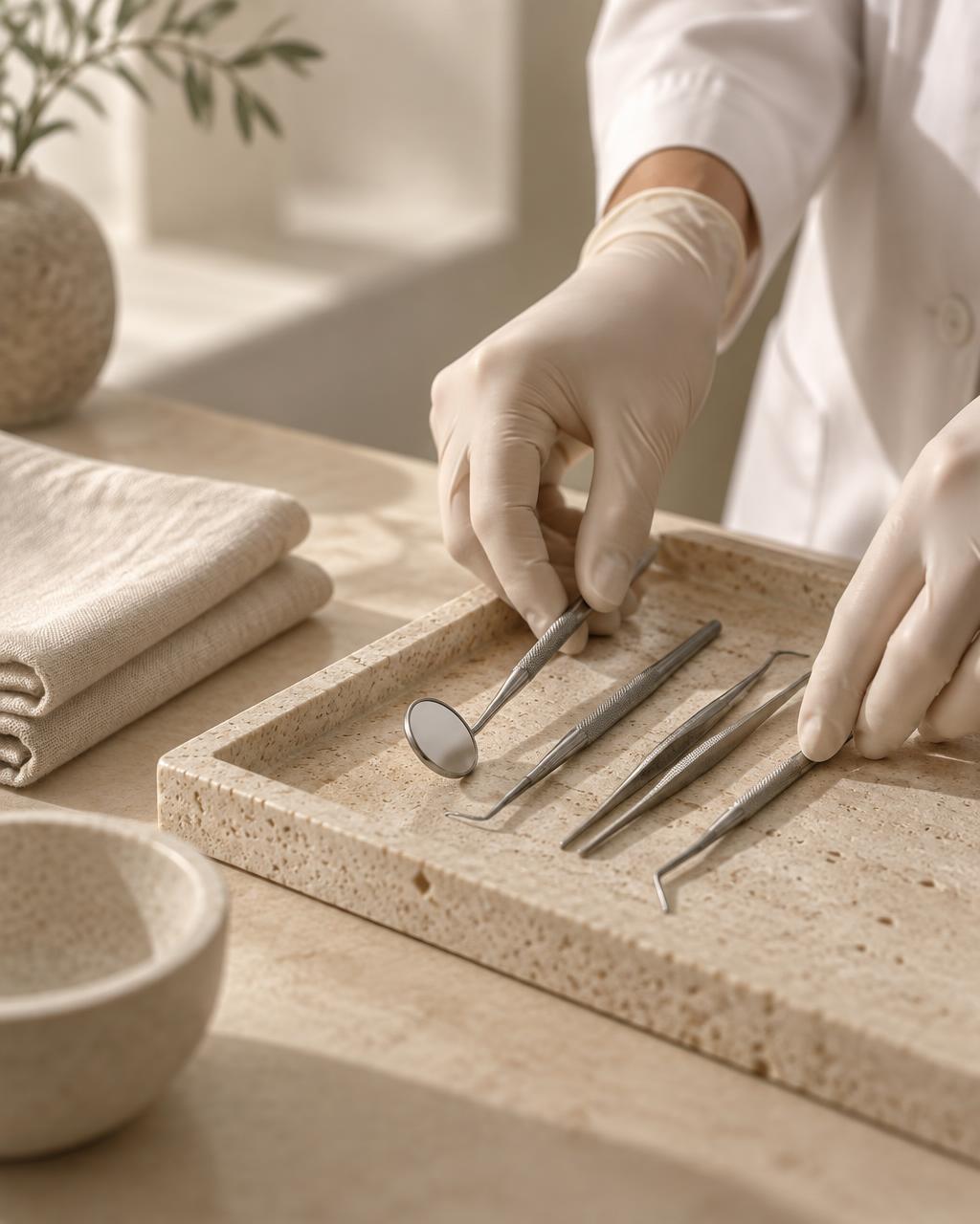 A dentist's hands setting out instruments on a travertine tray beside folded linen