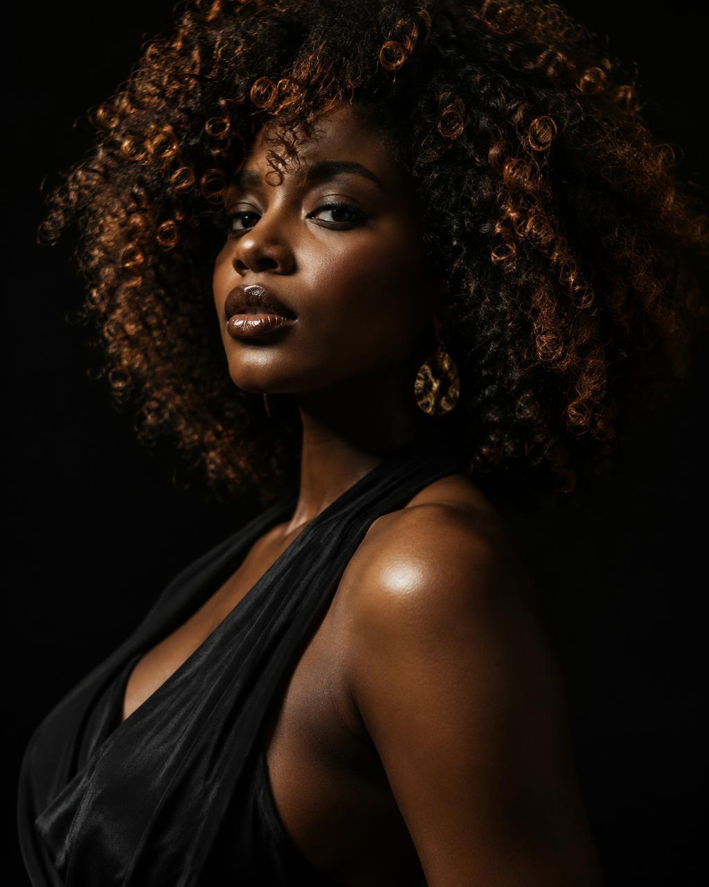 Voluminous natural curls with copper highlights