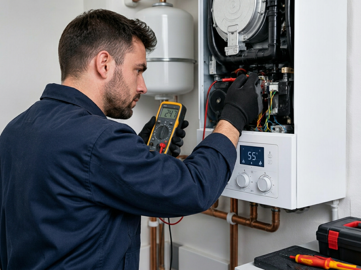 An engineer testing a wall-mounted combi boiler