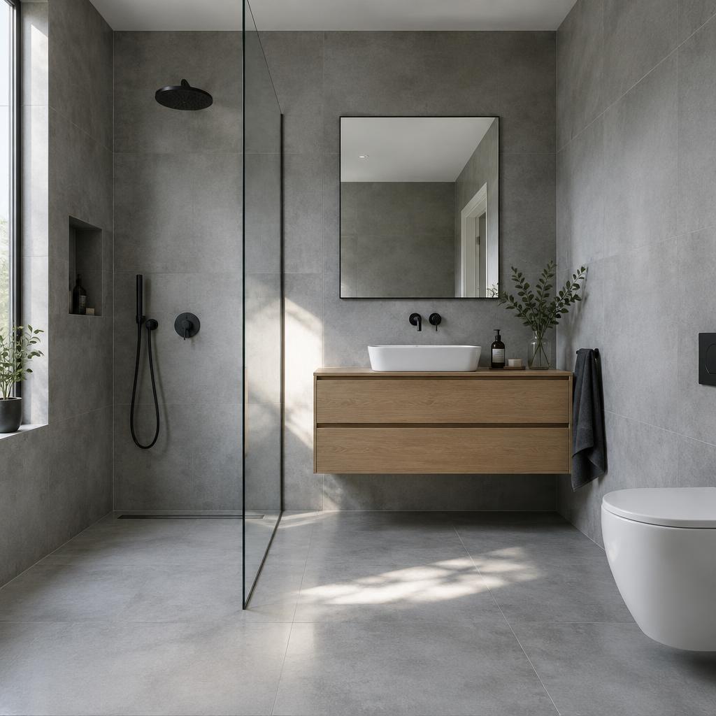 A finished bathroom with concrete-effect tiles, a walk-in shower and an oak vanity