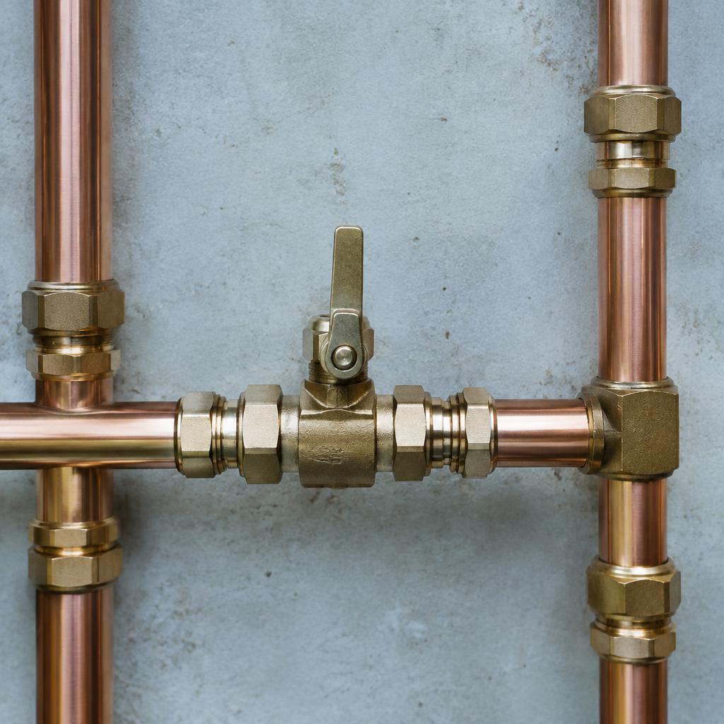 New copper pipework with brass compression fittings and a lever valve