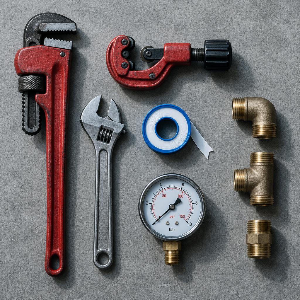 Plumbing tools laid out precisely on grey concrete
